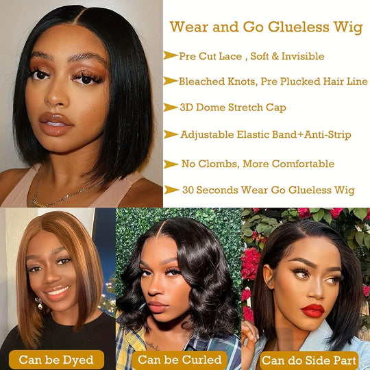 Glueless Bob Wig Human Hair Pre Cut 6X4 Lace Front Wigs