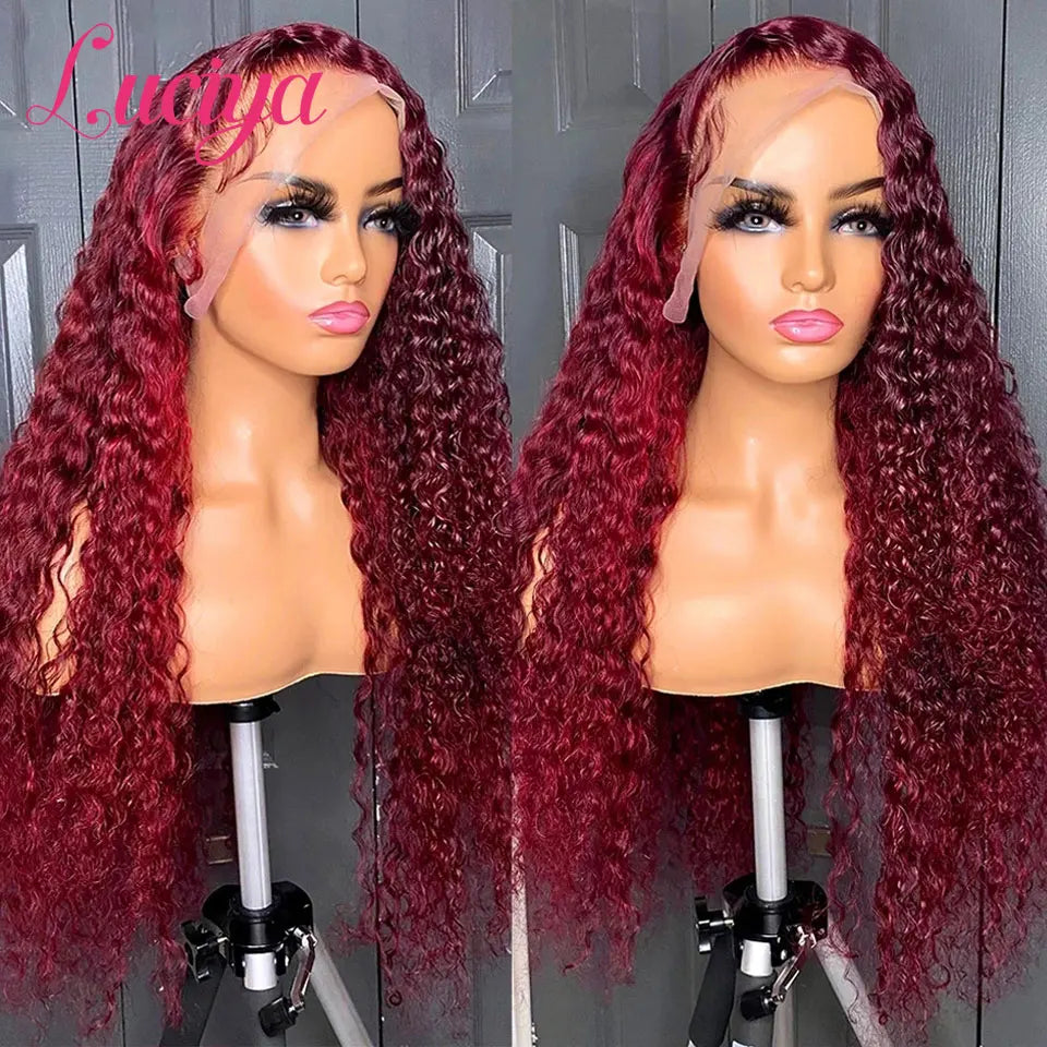 Deep Wave 99J Burgundy 13x4 HD Lace Frontal Wig Pre Plucked Colored Curly Hair