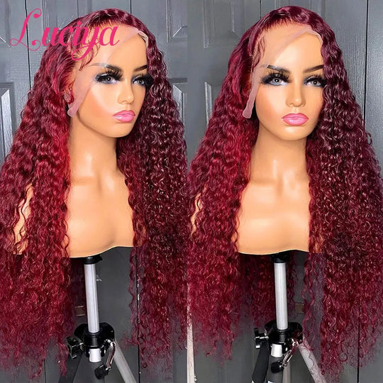 Deep Wave 99J Burgundy 13x4 HD Lace Frontal Wig Pre Plucked Colored Curly Hair