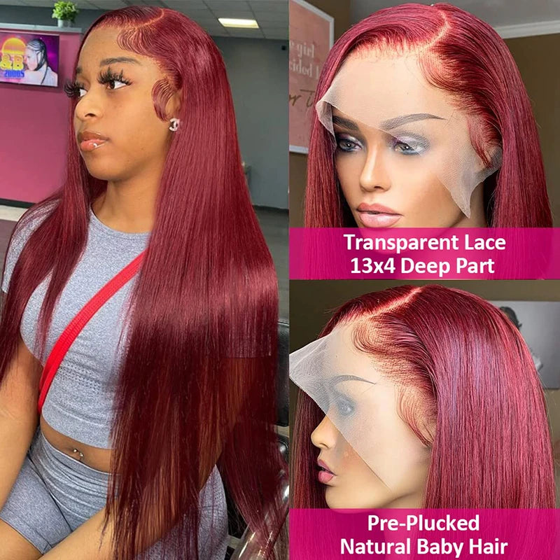 Burgundy 99j 13x4 13x6 Hd Lace Frontal Straight Hair Lace Front Wig Real