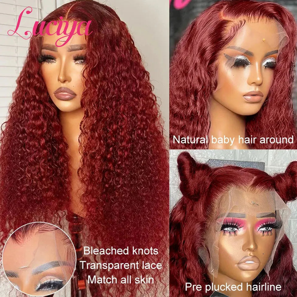 Deep Wave 99J Burgundy 13x4 HD Lace Frontal Wig Pre Plucked Colored Curly Hair