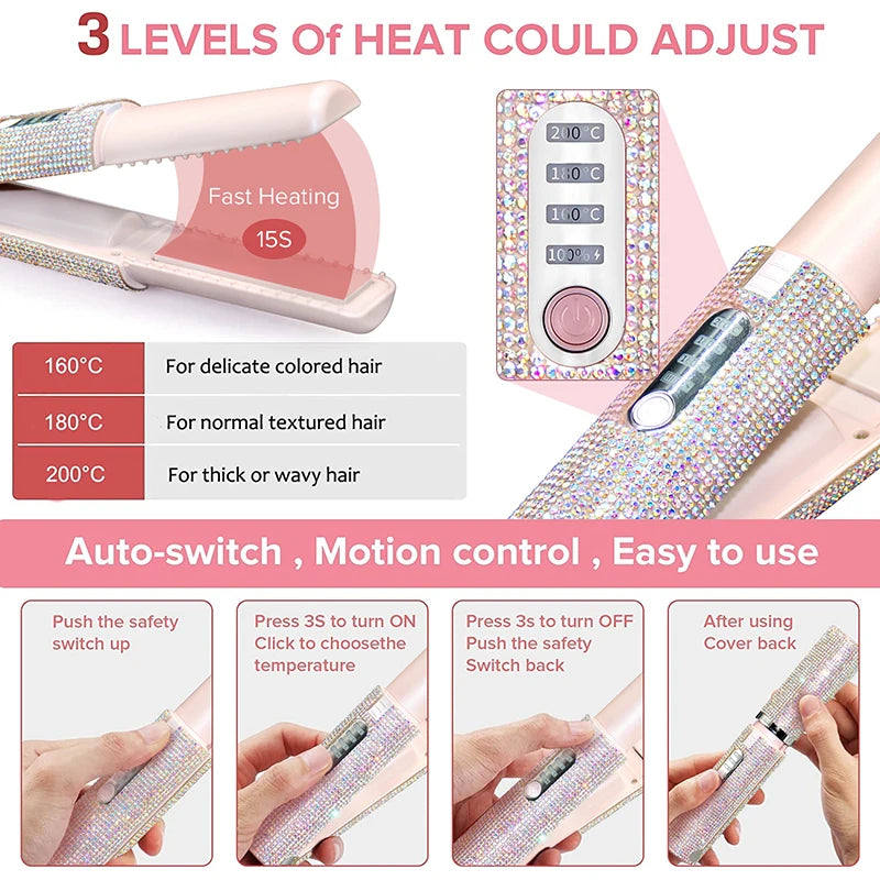 2-IN-1 Electric USB Hair Straightener Curler Fashion Colored Wireless Travel Hair Styler Brush