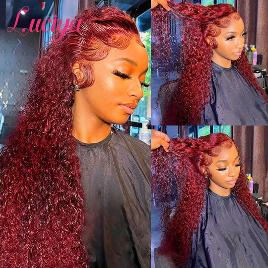 Deep Wave 99J Burgundy 13x4 HD Lace Frontal Wig Pre Plucked Colored Curly Hair