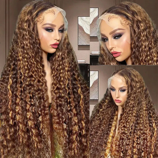 250 Density Inch Highlight Honey Brown Curly Lace Front Human Hair Wigs