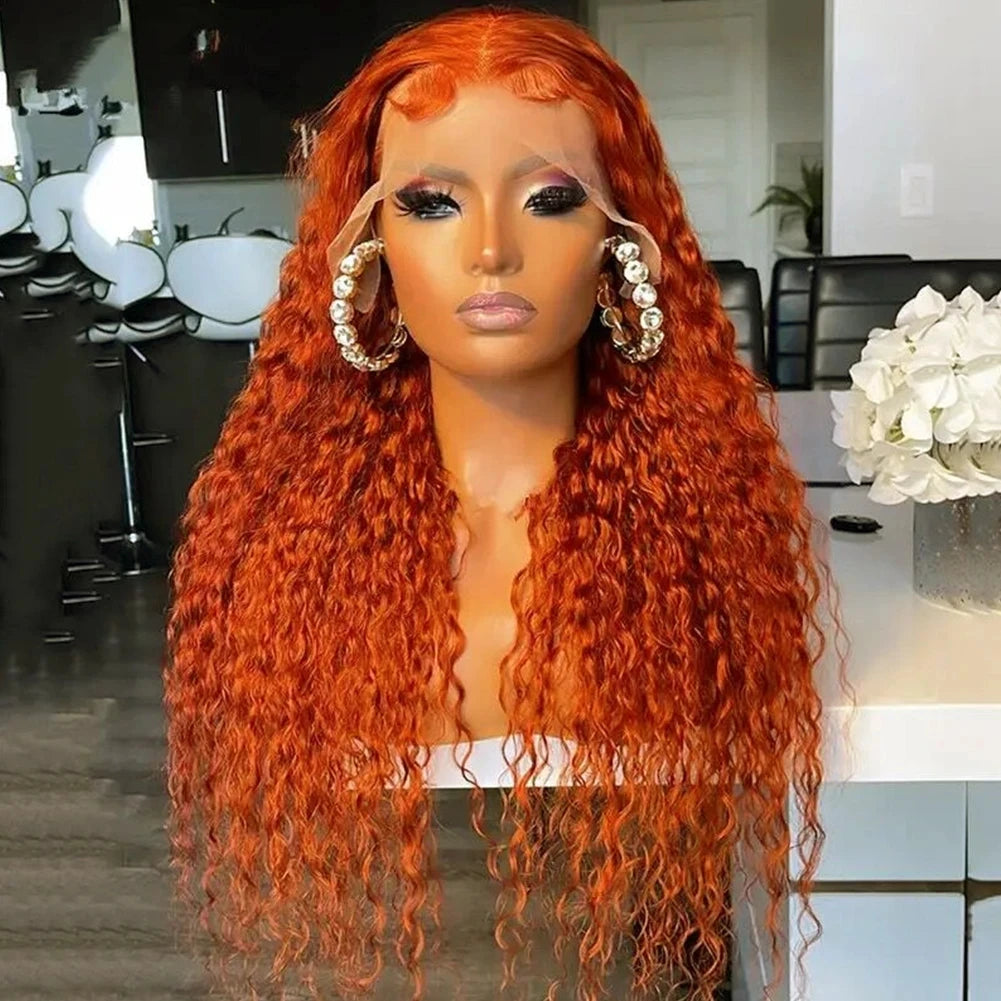 13x4 Preplucked Deep Curly Synthetic Hair Orange Ginger Lace Front Wigr