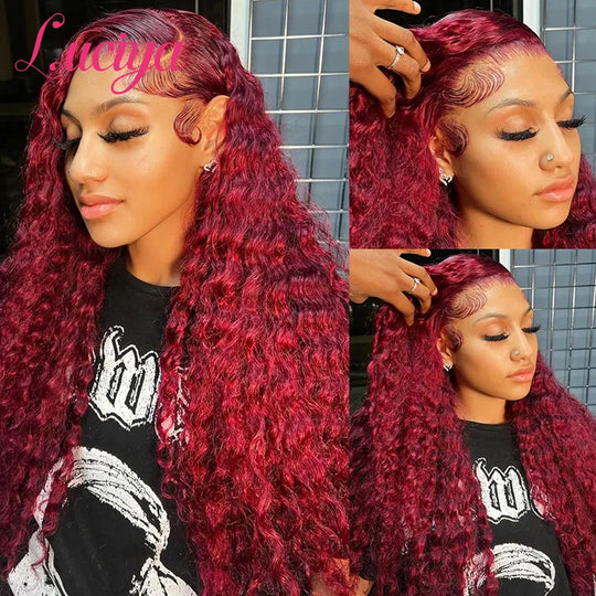 Deep Wave 99J Burgundy 13x4 HD Lace Frontal Wig Pre Plucked Colored Curly Hair