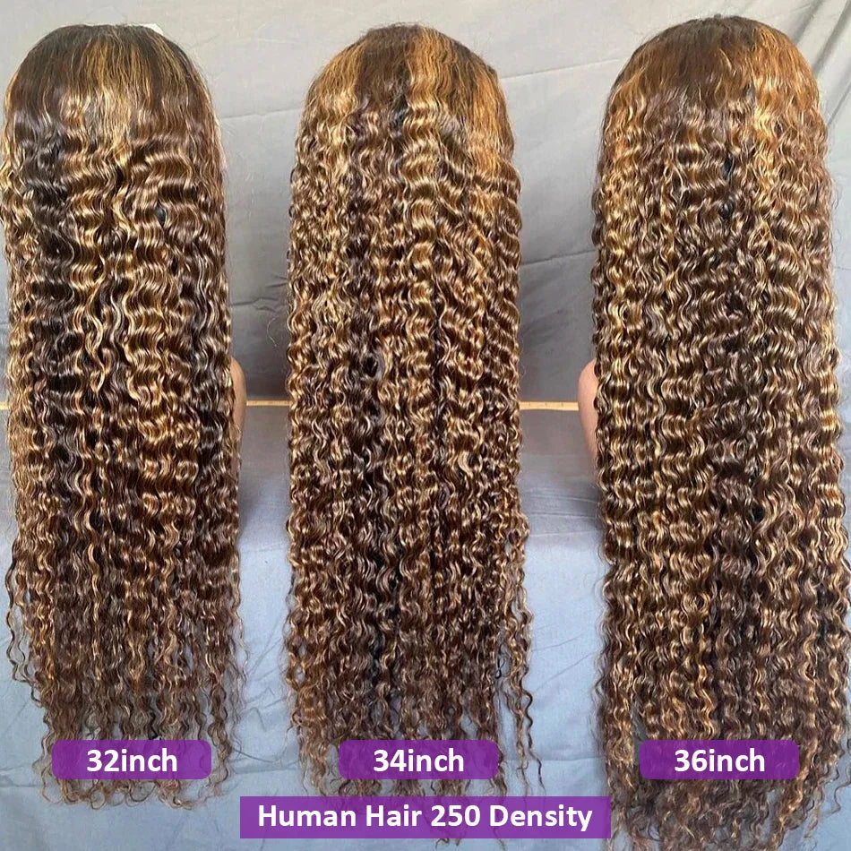 250 Density Inch Highlight Honey Brown Curly Lace Front Human Hair Wigs